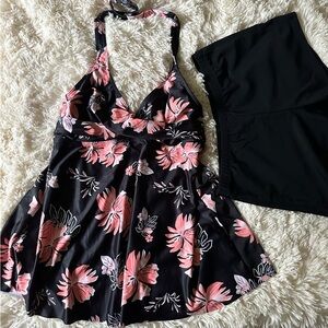 Floral Halter Swim Dress with Black Bottoms
